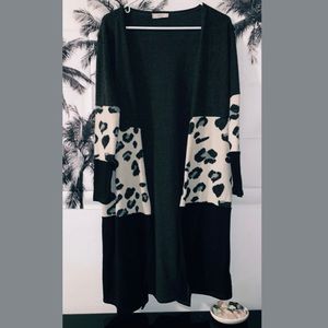 Dress Style Leopard Print Grey, White, & Black Cardigan Sweater